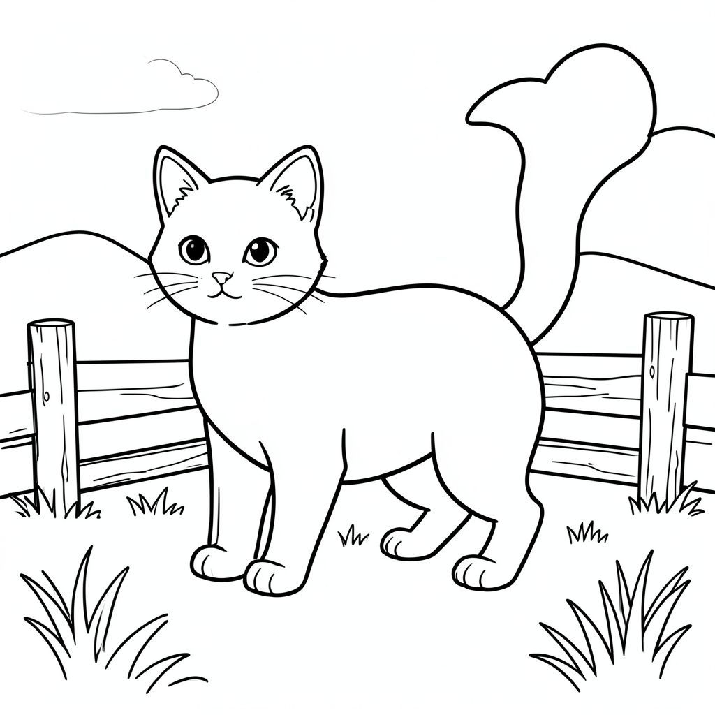 solo, chủ đề đơn, một đầu, hai mắt, hai tai, bốn chân, một đuôi, tỷ lệ tự nhiên, quy mô thích hợp trong môi trường, đúng giải phẫu, con mèo, đồng cỏ, lăn, hàng rào đơn giản, bằng gỗ, dọn dẹp, lý lịch, đơn giản, thuần khiết, sách truyện, tinh khiết, trang màu, nghệ thuật đường, nền trắng, solo, chủ đề đơn, đúng về mặt giải phẫu, giải phẫu hoàn hảo
