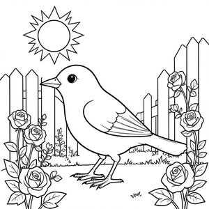 solo, một con chim, một đầu, hai mắt, một mỏ, hai cánh, hai chân, một đuôi, tỷ lệ tự nhiên, quy mô thích hợp trong môi trường, đúng giải phẫu, chim, mặt trời, vườn, hoa hồng, leo núi, hàng rào, trắng, bằng gỗ, đơn giản, sạch sẽ, lý lịch, tô màu, nghệ thuật đường, nền trắng, solo, chủ đề đơn, đúng giải phẫu, giải phẫu hoàn hảo