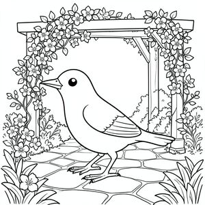 Độc lập, một con chim, một đầu, hai mắt, một mỏ, hai cánh, hai chân, một đuôi, tỷ lệ tự nhiên, quy mô thích hợp trong môi trường, đúng giải phẫu, chim, sân đá, giàn che, leo hoa nhài, hoa, vườn, ánh sáng mặt trời, nền đơn giản, dọn dẹp, sách truyện, thuần khiết, trang màu, nghệ thuật đường, nền trắng, solo, chủ đề đơn, đúng giải phẫu, giải phẫu hoàn hảo