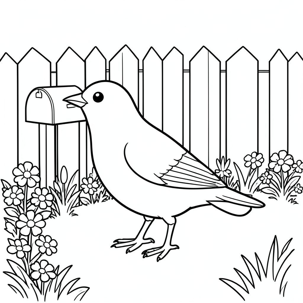 Độc lập, một con chim, một đầu, hai mắt, một mỏ, hai cánh, hai chân, một đuôi, tỷ lệ tự nhiên, quy mô thích hợp trong môi trường, đúng giải phẫu, chim, Sân trước, hộp thư, biên giới vườn, đơn giản, sạch sẽ, nắng, cỏ, hoa, hàng rào gỗ, nền đơn giản, trang màu, nghệ thuật đường, nền trắng, solo, chủ đề đơn, đúng giải phẫu, giải phẫu hoàn hảo