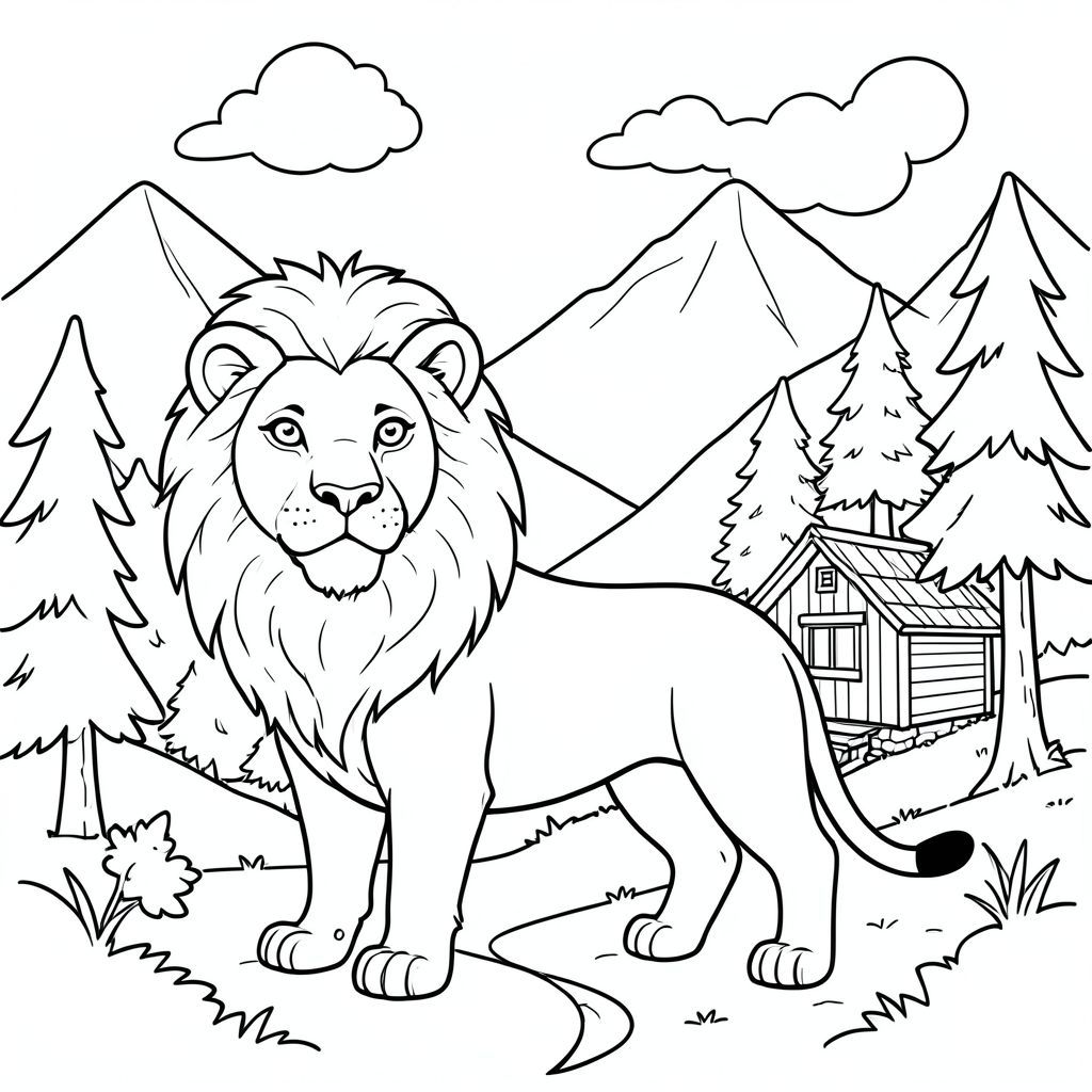 solo, chủ đề đơn, một đầu, hai mắt, hai tai, bốn chân, một đuôi, tỷ lệ tự nhiên, quy mô thích hợp trong môi trường, đúng giải phẫu, sư tử, núi, thung lũng, cabin nhỏ, hút thuốc, gỗ, đơn giản, sạch sẽ, yên tĩnh, rừng, cây cối, trang màu, nghệ thuật đường, nền trắng, solo, chủ đề đơn, đúng về mặt giải phẫu, giải phẫu hoàn hảo