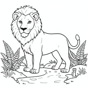 solo, chủ đề đơn, một đầu, hai mắt, hai tai, bốn chân, một đuôi, tỷ lệ tự nhiên, quy mô thích hợp trong môi trường, đúng giải phẫu, sư tử, Vườn mưa, dương xỉ, rêu, nước, ống xả, nhỏ, đơn giản, sạch sẽ, lý lịch, tuyến tính, trang màu, nghệ thuật đường, nền trắng, solo, chủ đề đơn, chính xác về mặt giải phẫu, giải phẫu hoàn hảo