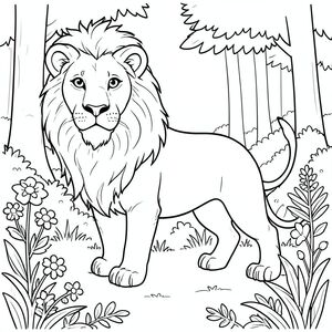 solo, chủ đề đơn, một đầu, hai mắt, hai tai, bốn chân, một đuôi, tỷ lệ tự nhiên, quy mô thích hợp trong môi trường, đúng giải phẫu, sư tử, Rừng, cạnh, hoa dại, tán lá, ánh sáng mặt trời, rõ ràng, đơn giản, dọn dẹp, lý lịch, phong cảnh, trang màu, nghệ thuật đường, nền trắng, solo, chủ đề đơn, đúng về mặt giải phẫu, giải phẫu hoàn hảo