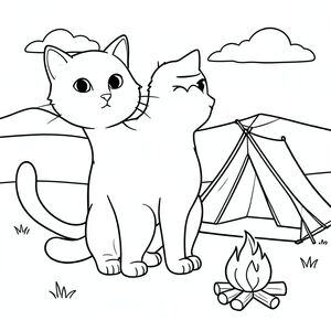 solo, chủ đề đơn, một đầu, hai mắt, hai tai, bốn chân, một đuôi, tỷ lệ tự nhiên, quy mô thích hợp trong môi trường, đúng giải phẫu, con mèo, sa mạc, khu cắm trại, lều, lửa trại, nhẫn, đơn giản, dọn dẹp, phong cảnh, đường chân trời, bầu trời, trang màu, nghệ thuật đường, nền trắng, solo, chủ đề đơn, đúng về mặt giải phẫu, giải phẫu hoàn hảo