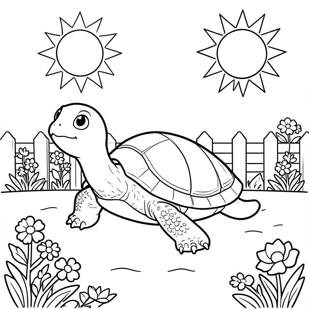 solo, single turtle, one head, two eyes, four legs, one shell, one tail, feet on solid ground, natural proportions, proper scale in environment, anatomically correct, turtle, sun, garden, flowers, fence, path, simple, clean, background, small, storybook, coloring page, line art, white background, solo, single subject, anatomically correct, perfect anatomy