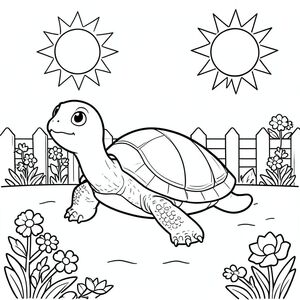 solo, single turtle, one head, two eyes, four legs, one shell, one tail, feet on solid ground, natural proportions, proper scale in environment, anatomically correct, turtle, sun, garden, flowers, fence, path, simple, clean, background, small, storybook, coloring page, line art, white background, solo, single subject, anatomically correct, perfect anatomy