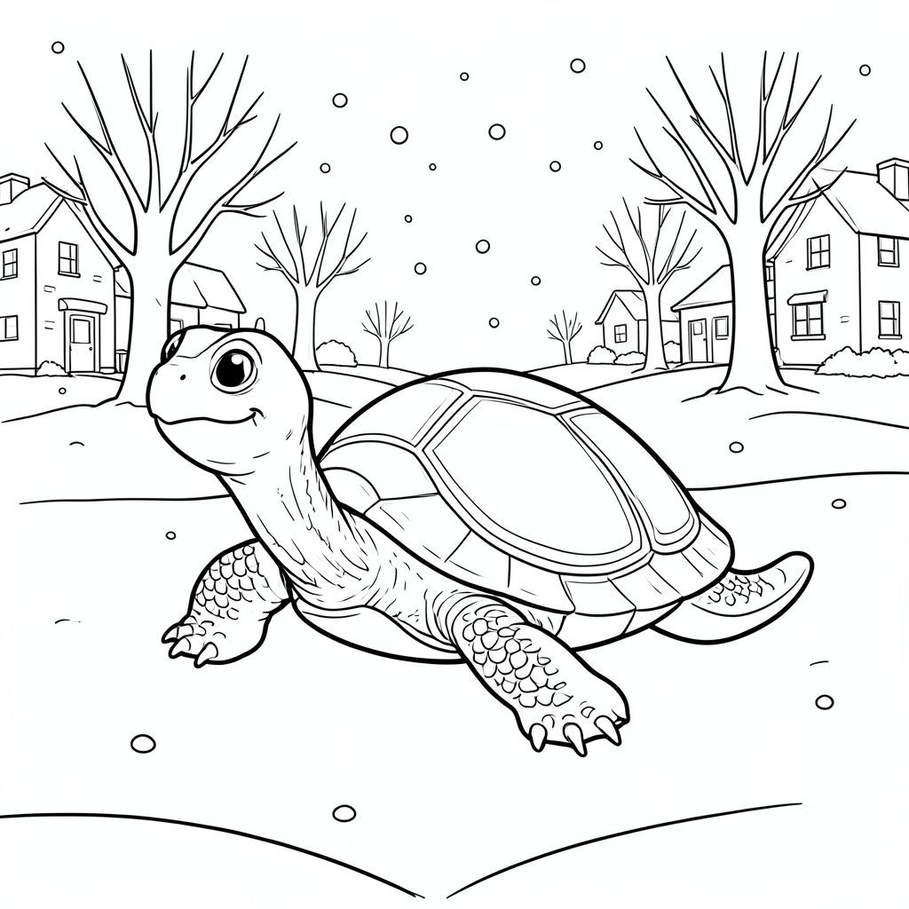 solo, single turtle, one head, two eyes, four legs, one shell, one tail, feet on solid ground, natural proportions, proper scale in environment, anatomically correct, turtle, snow, snowfall, quiet, neighborhood, bare trees, simple, clean, background, landscape, winter, coloring page, line art, white background, solo, single subject, anatomically correct, perfect anatomy