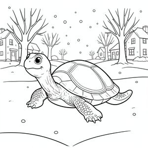 solo, single turtle, one head, two eyes, four legs, one shell, one tail, feet on solid ground, natural proportions, proper scale in environment, anatomically correct, turtle, snow, snowfall, quiet, neighborhood, bare trees, simple, clean, background, landscape, winter, coloring page, line art, white background, solo, single subject, anatomically correct, perfect anatomy
