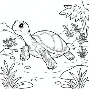 solo, single turtle, one head, two eyes, four legs, one shell, one tail, feet on solid ground, natural proportions, proper scale in environment, anatomically correct, turtle, Stream, water, pebbles, rocks, small plants, foliage, sunlight, clear, pristine, smooth, coloring page, line art, white background, solo, single subject, anatomically correct, perfect anatomy