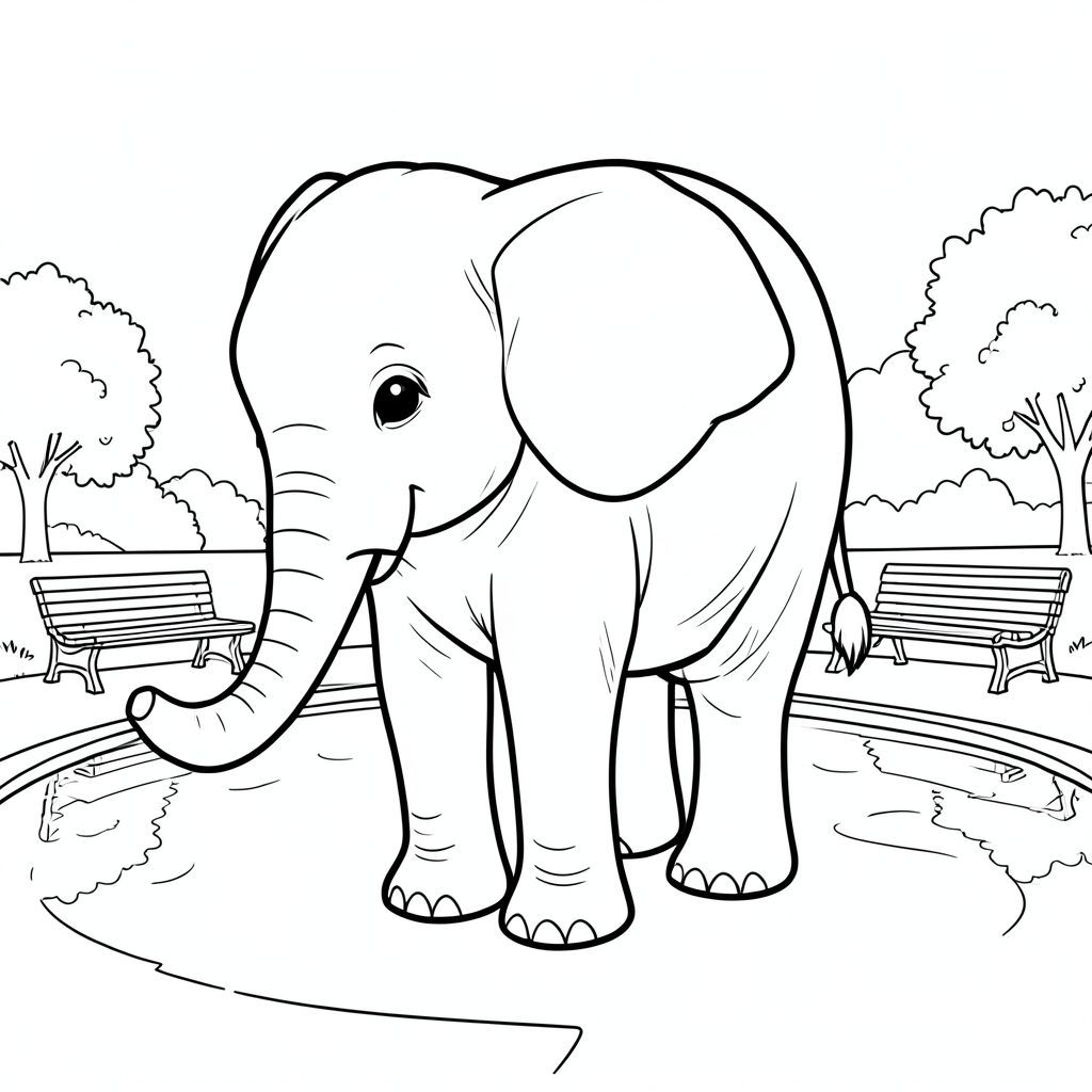 solo, single elephant, one head, two eyes, two large ears, one trunk, four legs, one tail, feet on solid ground, natural proportions, proper scale in environment, anatomically correct, elephant, pool, memorial park, benches, reflection, quiet, serene, simple, clean, background, landscape, coloring page, line art, white background, solo, single subject, anatomically correct, perfect anatomy