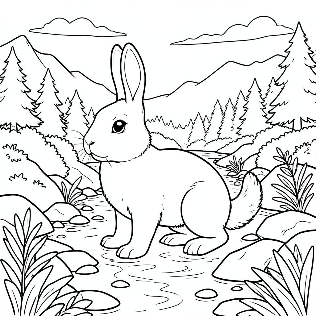 solo, single subject, one head, two eyes, two ears, four legs, one tail, natural proportions, proper scale in environment, anatomically correct, rabbit, Mountain stream, rocky terrain, foliage, sunlight, clear water, smooth stones, small rocks, distant trees, sky, overcast sky, coloring page, line art, white background, solo, single subject, anatomically correct, perfect anatomy