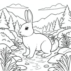 solo, single subject, one head, two eyes, two ears, four legs, one tail, natural proportions, proper scale in environment, anatomically correct, rabbit, Mountain stream, rocky terrain, foliage, sunlight, clear water, smooth stones, small rocks, distant trees, sky, overcast sky, coloring page, line art, white background, solo, single subject, anatomically correct, perfect anatomy