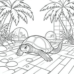 solo, single turtle, one head, two eyes, four legs, one shell, one tail, feet on solid ground, natural proportions, proper scale in environment, anatomically correct, turtle, glass dome, tropical palms, foliage, sunlight, clear water, smooth stones, wooden floor, tiled walls, expansive view, expansive space, coloring page, line art, white background, solo, single subject, anatomically correct, perfect anatomy