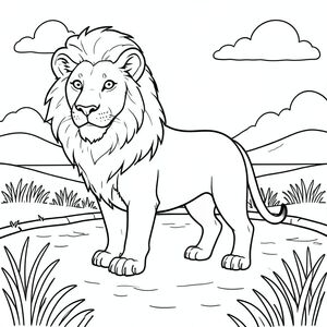 solo, single subject, one head, two eyes, two ears, four legs, one tail, natural proportions, proper scale in environment, anatomically correct, lion, fields, canal, water, sunlight, clear sky, simple background, clean lines, pure, storybook, illustration, coloring page, line art, white background, solo, single subject, anatomically correct, perfect anatomy
