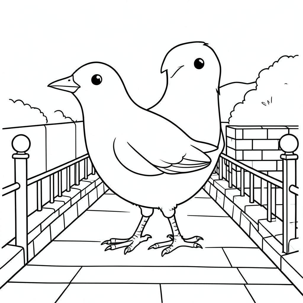 solo, single bird, one head, two eyes, one beak, two wings, two legs, one tail, natural proportions, proper scale in environment, anatomically correct, bird, narrow canal, brick, iron, railings, path, simple, clean, background, storybook, pure, coloring page, line art, white background, solo, single subject, anatomically correct, perfect anatomy