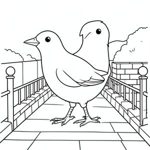 solo, single bird, one head, two eyes, one beak, two wings, two legs, one tail, natural proportions, proper scale in environment, anatomically correct, bird, narrow canal, brick, iron, railings, path, simple, clean, background, storybook, pure, coloring page, line art, white background, solo, single subject, anatomically correct, perfect anatomy