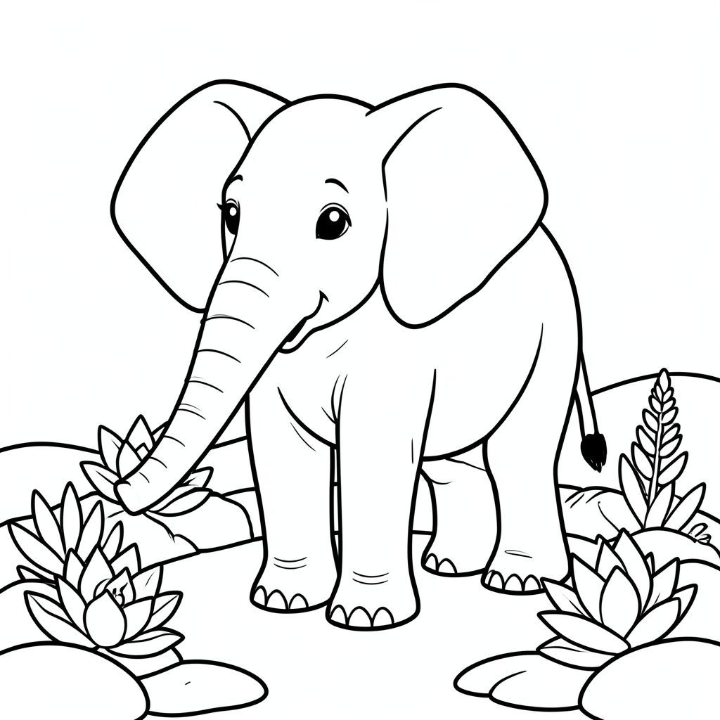 solo, single elephant, one head, two eyes, two large ears, one trunk, four legs, one tail, feet on solid ground, natural proportions, proper scale in environment, anatomically correct, elephant, Rock garden, succulents, smooth stones, simple background, clean environment, small, storybook, pure, simple, coloring page, line art, white background, solo, single subject, anatomically correct, perfect anatomy