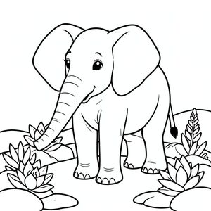 solo, single elephant, one head, two eyes, two large ears, one trunk, four legs, one tail, feet on solid ground, natural proportions, proper scale in environment, anatomically correct, elephant, Rock garden, succulents, smooth stones, simple background, clean environment, small, storybook, pure, simple, coloring page, line art, white background, solo, single subject, anatomically correct, perfect anatomy