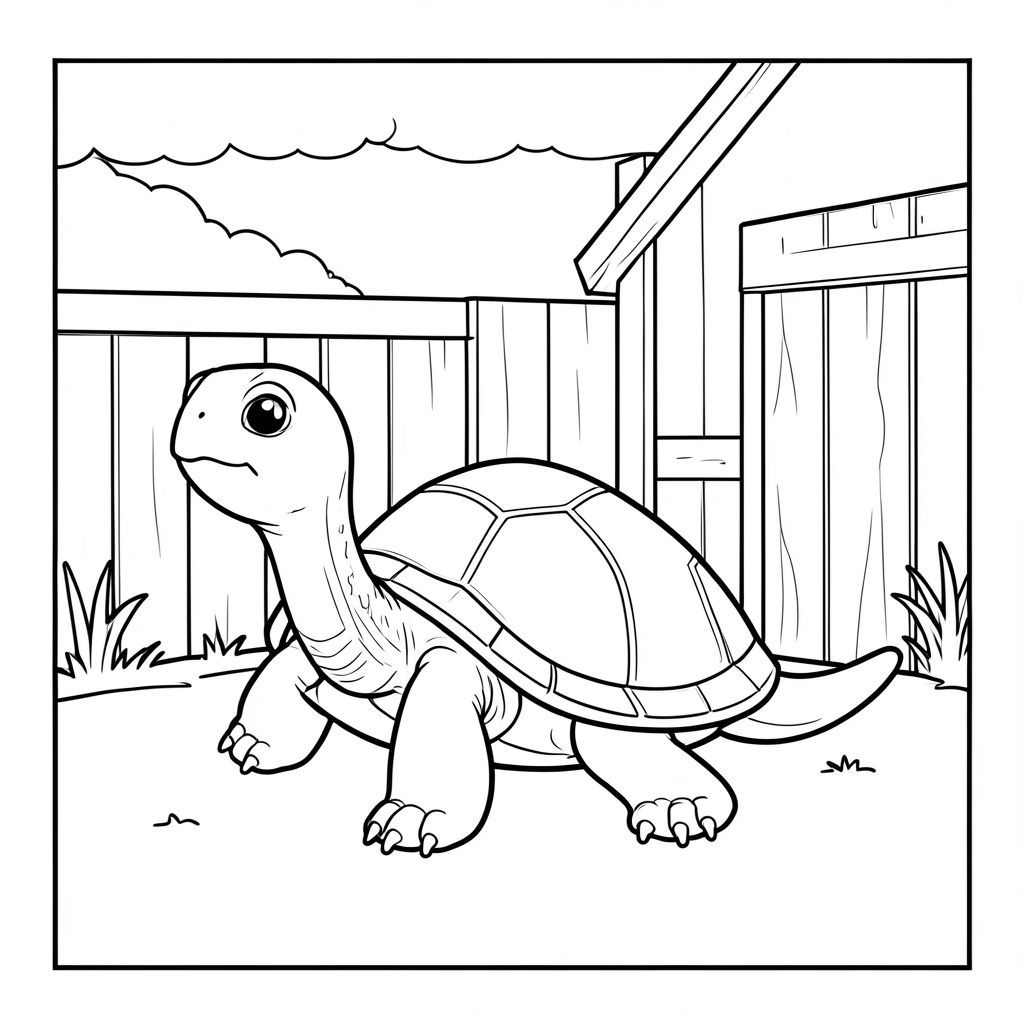 solo, single turtle, one head, two eyes, four legs, one shell, one tail, feet on solid ground, natural proportions, proper scale in environment, anatomically correct, turtle, barn wall, wooden structure, small, simple, clean, background, rectangle, overcast, sky, simple, coloring page, line art, white background, solo, single subject, anatomically correct, perfect anatomy