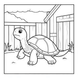 solo, single turtle, one head, two eyes, four legs, one shell, one tail, feet on solid ground, natural proportions, proper scale in environment, anatomically correct, turtle, barn wall, wooden structure, small, simple, clean, background, rectangle, overcast, sky, simple, coloring page, line art, white background, solo, single subject, anatomically correct, perfect anatomy