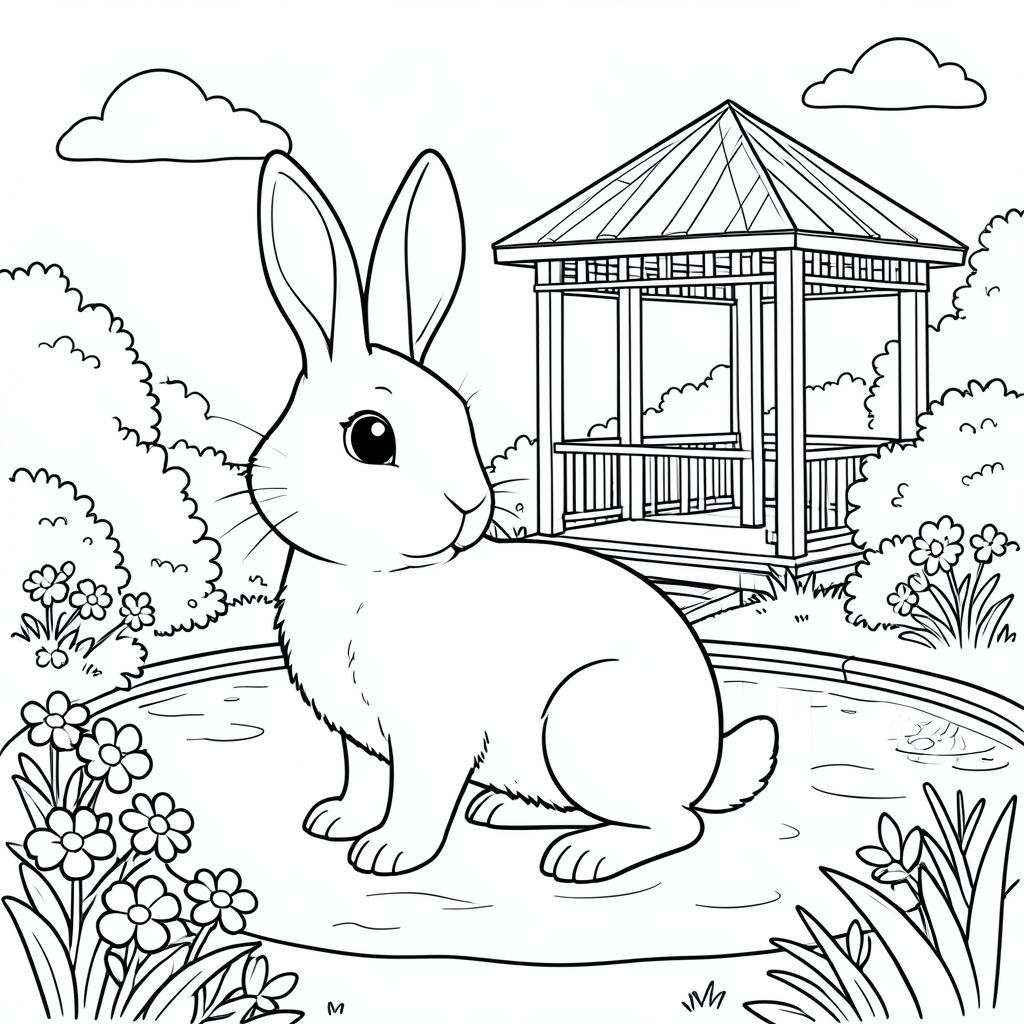 solo, single subject, one head, two eyes, two ears, four legs, one tail, natural proportions, proper scale in environment, anatomically correct, rabbit, Gazebo, pond, flowers, bushes, greenery, sunlight, calm water, clear sky, simple background, clean, coloring page, line art, white background, solo, single subject, anatomically correct, perfect anatomy