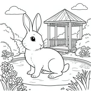 solo, single subject, one head, two eyes, two ears, four legs, one tail, natural proportions, proper scale in environment, anatomically correct, rabbit, Gazebo, pond, flowers, bushes, greenery, sunlight, calm water, clear sky, simple background, clean, coloring page, line art, white background, solo, single subject, anatomically correct, perfect anatomy