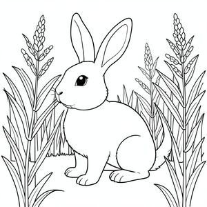 solo, single subject, one head, two eyes, two ears, four legs, one tail, natural proportions, proper scale in environment, anatomically correct, rabbit, Cornfield, stalks, summer, simple, clean, background, field, tall, straight, sunlight, coloring page, line art, white background, solo, single subject, anatomically correct, perfect anatomy