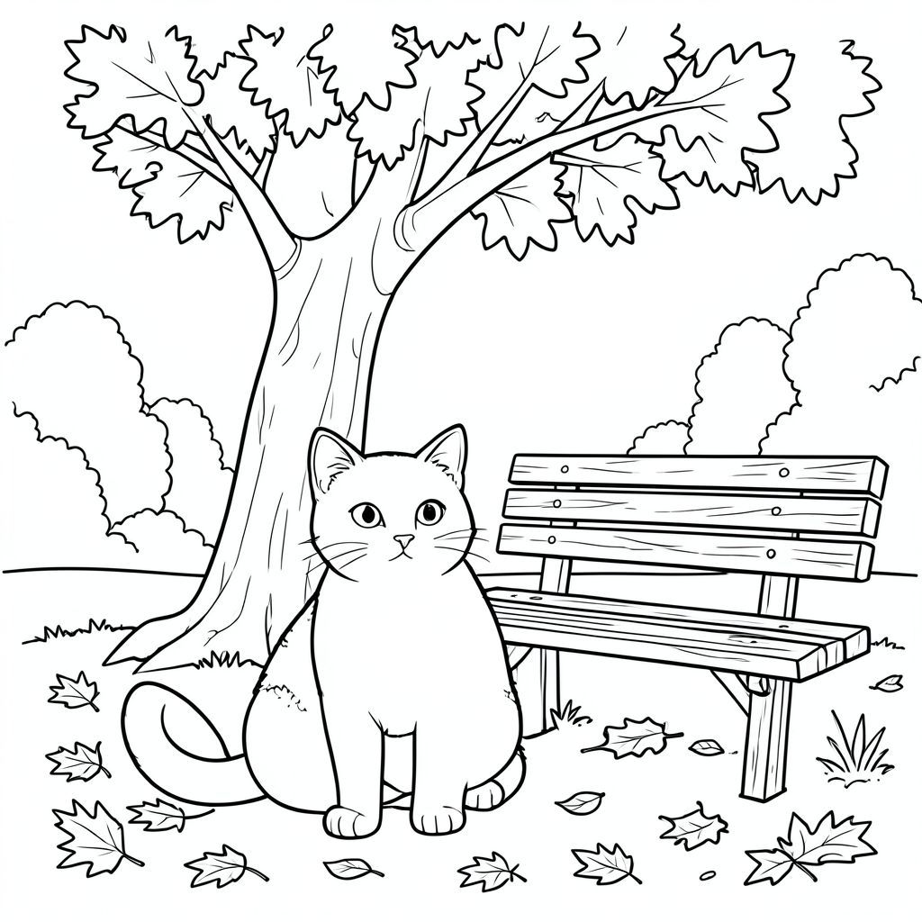 solo, single subject, one head, two eyes, two ears, four legs, one tail, natural proportions, proper scale in environment, anatomically correct, cat, oak tree, autumn leaves, fallen leaves, sunlight, park bench, weathered wood, smooth surface, distant trees, clear sky, sky, coloring page, line art, white background, solo, single subject, anatomically correct, perfect anatomy