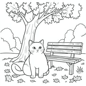 solo, single subject, one head, two eyes, two ears, four legs, one tail, natural proportions, proper scale in environment, anatomically correct, cat, oak tree, autumn leaves, fallen leaves, sunlight, park bench, weathered wood, smooth surface, distant trees, clear sky, sky, coloring page, line art, white background, solo, single subject, anatomically correct, perfect anatomy