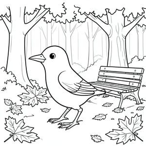 solo, single bird, one head, two eyes, one beak, two wings, two legs, one tail, natural proportions, proper scale in environment, anatomically correct, bird, oak tree, park bench, autumn leaves, fallen leaves, sunlight, background, simple, clean, forest, path, coloring page, line art, white background, solo, single subject, anatomically correct, perfect anatomy