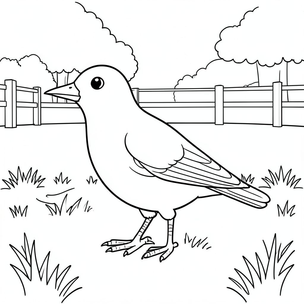solo, single bird, one head, two eyes, one beak, two wings, two legs, one tail, natural proportions, proper scale in environment, anatomically correct, bird, grass, open space, simple fence, clean background, simple, background, park, outdoor, sunlight, grassy, coloring page, line art, white background, solo, single subject, anatomically correct, perfect anatomy