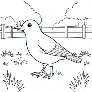 solo, single bird, one head, two eyes, one beak, two wings, two legs, one tail, natural proportions, proper scale in environment, anatomically correct, bird, grass, open space, simple fence, clean background, simple, background, park, outdoor, sunlight, grassy, coloring page, line art, white background, solo, single subject, anatomically correct, perfect anatomy