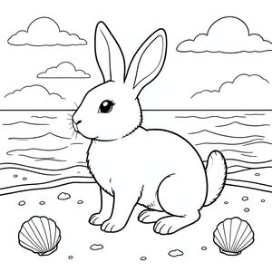 solo, chủ đề đơn, một đầu, hai mắt, hai tai, bốn chân, một đuôi, tỷ lệ tự nhiên, quy mô thích hợp trong môi trường, đúng về mặt giải phẫu, thỏ, Bãi biển đầy cát, sóng, vỏ sò, cát, ánh sáng mặt trời, nước trong, đường chân trời, bầu trời, mây, gió nhẹ, trang tô màu, nghệ thuật đường, nền trắng, solo, chủ đề đơn, đúng giải phẫu, giải phẫu hoàn hảo