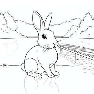 solo, chủ đề đơn, một đầu, hai mắt, hai tai, bốn chân, một đuôi, tỷ lệ tự nhiên, quy mô thích hợp trong môi trường, đúng giải phẫu, thỏ, hồ, bến tàu, bình minh, sương mù, điềm tĩnh, yên tĩnh, thanh thản, trong, nước, phản chiếu, trang màu, nghệ thuật đường, nền trắng, solo, chủ đề đơn, đúng về mặt giải phẫu, giải phẫu hoàn hảo