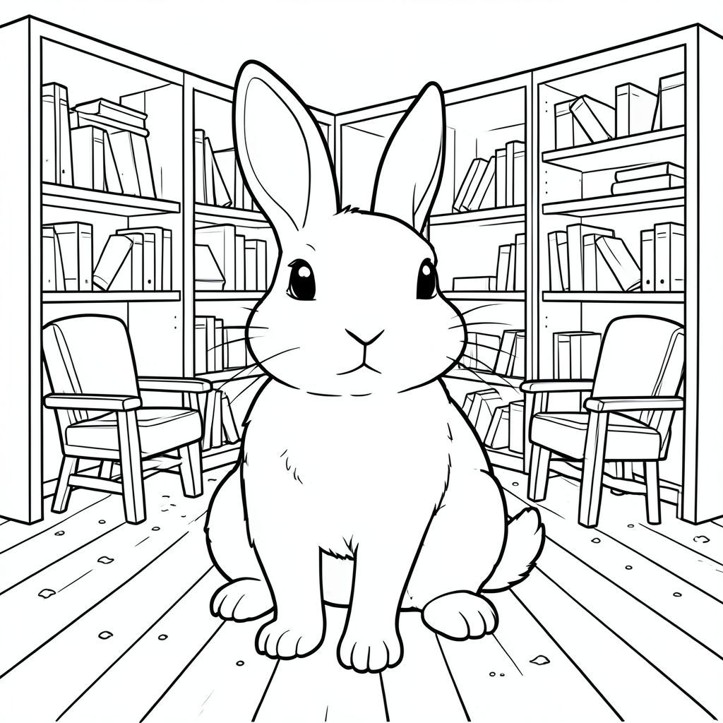 solo, chủ đề đơn, một đầu, hai mắt, hai tai, bốn chân, một đuôi, tỷ lệ tự nhiên, quy mô thích hợp trong môi trường, đúng giải phẫu, thỏ, giá sách, kệ, ghế đọc sách, sàn gỗ, bụi, mờ mịt, yên tĩnh, nhỏ, đơn giản, dọn dẹp, tô màu, nghệ thuật đường, nền trắng, solo, chủ đề đơn, chính xác về mặt giải phẫu, giải phẫu hoàn hảo