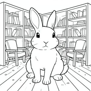 solo, chủ đề đơn, một đầu, hai mắt, hai tai, bốn chân, một đuôi, tỷ lệ tự nhiên, quy mô thích hợp trong môi trường, đúng giải phẫu, thỏ, giá sách, kệ, ghế đọc sách, sàn gỗ, bụi, mờ mịt, yên tĩnh, nhỏ, đơn giản, dọn dẹp, tô màu, nghệ thuật đường, nền trắng, solo, chủ đề đơn, chính xác về mặt giải phẫu, giải phẫu hoàn hảo