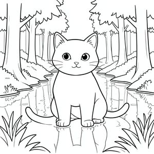 solo, chủ đề đơn, một đầu, hai mắt, hai tai, bốn chân, một đuôi, tỷ lệ tự nhiên, quy mô thích hợp trong môi trường, đúng giải phẫu, con mèo, rừng, ao, phản chiếu, cây, nước, rõ ràng, thanh thản, đơn giản, lý lịch, vẫn còn, tô màu, nghệ thuật đường, nền trắng, solo, chủ đề đơn, đúng về mặt giải phẫu, giải phẫu hoàn hảo