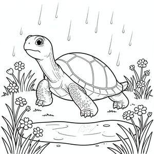 solo, rùa đơn, một đầu, hai mắt, bốn chân, một vỏ, một đuôi, bàn chân trên mặt đất vững chắc, tỷ lệ tự nhiên, quy mô thích hợp trong môi trường, đúng giải phẫu, rùa, đồng cỏ ướt đẫm mưa, hoa dại, vũng nước nhỏ, lưỡi cỏ, nền sạch, môi trường đơn giản, thuần khiết, phong cách truyện, trang màu, nghệ thuật đường, nền trắng, solo, chủ đề đơn, đúng giải phẫu, giải phẫu hoàn hảo