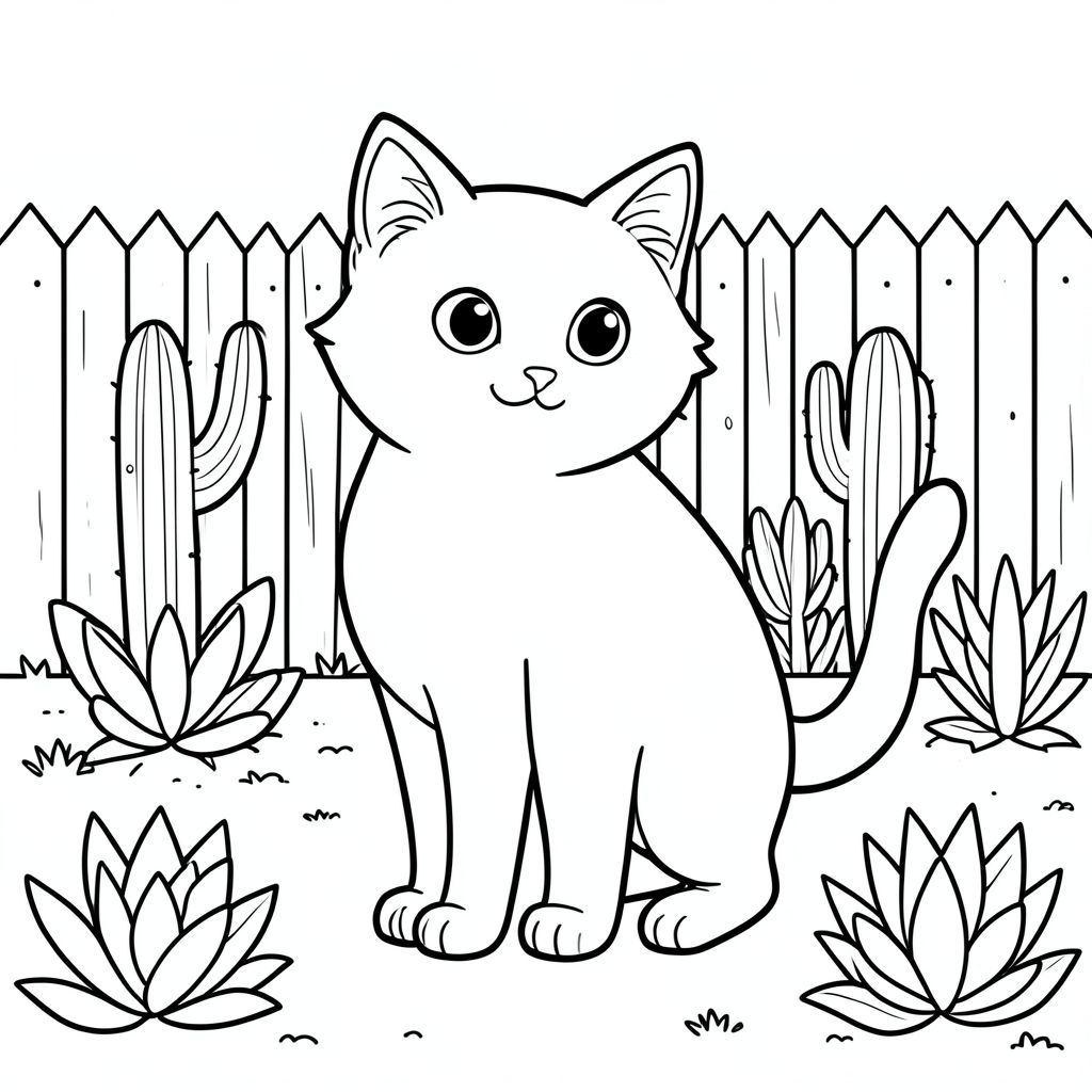 solo, chủ đề đơn, một đầu, hai mắt, hai tai, bốn chân, một đuôi, tỷ lệ tự nhiên, quy mô thích hợp trong môi trường, đúng giải phẫu, con mèo, sân sa mạc đầy nắng, vườn xương rồng, thực vật mọng nước, hàng rào gỗ, nền đơn giản, môi trường sạch sẽ, phong cách truyện, tinh khiết, nghệ thuật phác thảo, trang màu, nghệ thuật đường, nền trắng, solo, chủ đề đơn, đúng giải phẫu, giải phẫu hoàn hảo