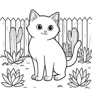 solo, chủ đề đơn, một đầu, hai mắt, hai tai, bốn chân, một đuôi, tỷ lệ tự nhiên, quy mô thích hợp trong môi trường, đúng giải phẫu, con mèo, sân sa mạc đầy nắng, vườn xương rồng, thực vật mọng nước, hàng rào gỗ, nền đơn giản, môi trường sạch sẽ, phong cách truyện, tinh khiết, nghệ thuật phác thảo, trang màu, nghệ thuật đường, nền trắng, solo, chủ đề đơn, đúng giải phẫu, giải phẫu hoàn hảo