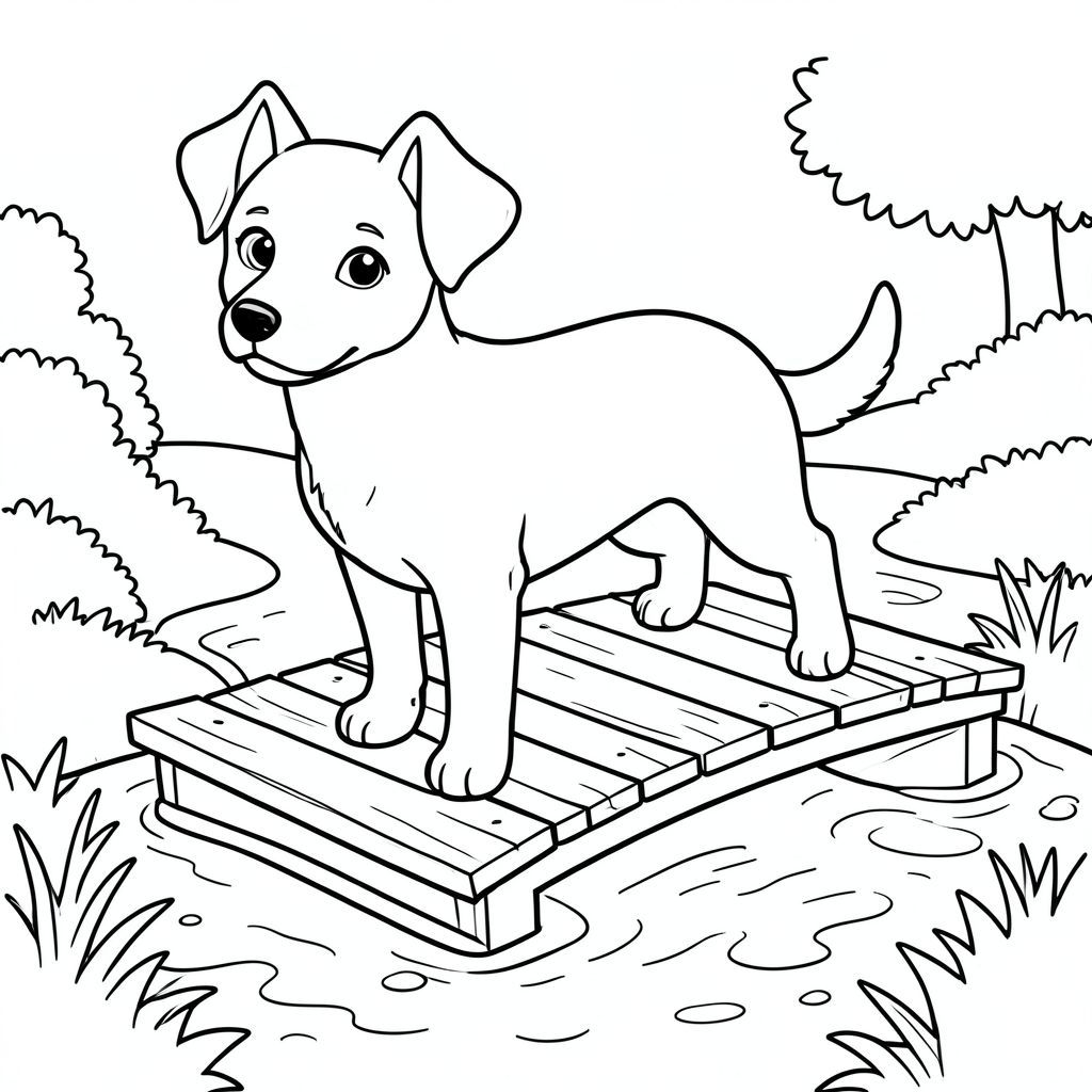 solo, chủ đề đơn, một đầu, hai mắt, hai tai, bốn chân, một đuôi, tỷ lệ tự nhiên, quy mô thích hợp trong môi trường, đúng giải phẫu,, cầu đi bộ bằng gỗ, suối nông, nước bập bẹ, phong cảnh đơn giản, môi trường sạch sẽ, 3D, phong cách truyện, thuần khiết, trang màu, nghệ thuật đường, nền trắng, solo, chủ đề đơn, đúng giải phẫu, giải phẫu hoàn hảo