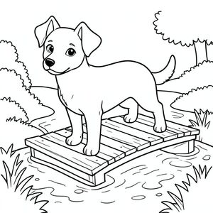 solo, chủ đề đơn, một đầu, hai mắt, hai tai, bốn chân, một đuôi, tỷ lệ tự nhiên, quy mô thích hợp trong môi trường, đúng giải phẫu,, cầu đi bộ bằng gỗ, suối nông, nước bập bẹ, phong cảnh đơn giản, môi trường sạch sẽ, 3D, phong cách truyện, thuần khiết, trang màu, nghệ thuật đường, nền trắng, solo, chủ đề đơn, đúng giải phẫu, giải phẫu hoàn hảo