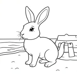 solo, chủ đề đơn, một đầu, hai mắt, hai tai, bốn chân, một đuôi, tỷ lệ tự nhiên, quy mô thích hợp trong môi trường, đúng giải phẫu, thỏ, bãi cát, sóng biển, cát mịn, lâu đài cát đơn giản, môi trường sạch sẽ, 3D, phong cách truyện, tinh khiết, nền phẳng, trang màu, nghệ thuật đường, nền trắng, solo, chủ đề đơn, đúng giải phẫu, giải phẫu hoàn hảo