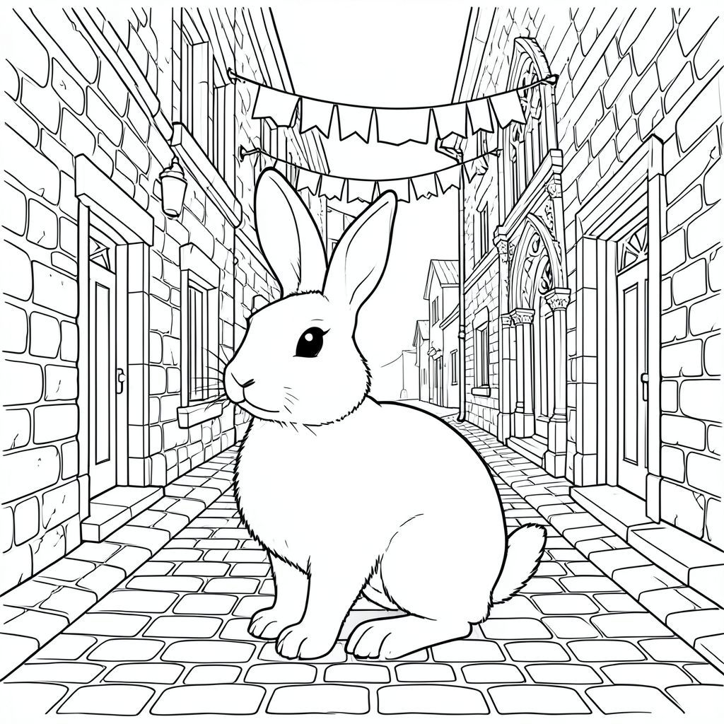 solo, chủ đề đơn, một đầu, hai mắt, hai tai, bốn chân, một đuôi, tỷ lệ tự nhiên, quy mô thích hợp trong môi trường, đúng giải phẫu, thỏ, hẻm lát đá cuội hẹp, đường làng thời trung cổ, treo dây giặt, tường đá, kiến trúc phong hóa, phong cách nhà thờ Gothic, chạm khắc đá phức tạp, trang màu, nghệ thuật đường, nền trắng, solo, chủ đề đơn, đúng về mặt giải phẫu, giải phẫu hoàn hảo