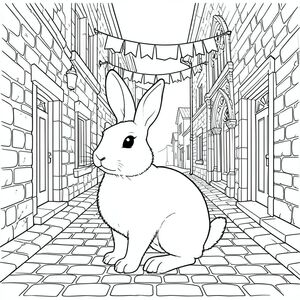 solo, chủ đề đơn, một đầu, hai mắt, hai tai, bốn chân, một đuôi, tỷ lệ tự nhiên, quy mô thích hợp trong môi trường, đúng giải phẫu, thỏ, hẻm lát đá cuội hẹp, đường làng thời trung cổ, treo dây giặt, tường đá, kiến trúc phong hóa, phong cách nhà thờ Gothic, chạm khắc đá phức tạp, trang màu, nghệ thuật đường, nền trắng, solo, chủ đề đơn, đúng về mặt giải phẫu, giải phẫu hoàn hảo