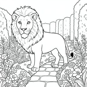 solo, chủ đề đơn, một đầu, hai mắt, hai tai, bốn chân, một đuôi, tỷ lệ tự nhiên, quy mô thích hợp trong môi trường, đúng giải phẫu, sư tử, vườn, con đường quanh co, lối đi lót hoa, cảnh quan chi tiết, cắm hoa phức tạp, lối đi bằng đá, hàng rào cao, nền chi tiết, tinh khiết, trang màu, nghệ thuật đường, nền trắng, solo, chủ đề đơn, đúng giải phẫu, giải phẫu hoàn hảo