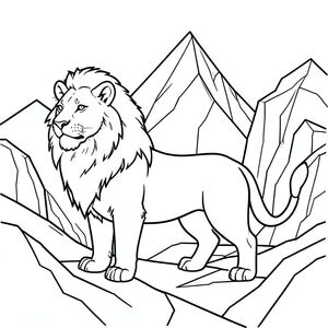 solo, chủ đề đơn, một đầu, hai mắt, hai tai, bốn chân, một đuôi, tỷ lệ tự nhiên, quy mô thích hợp trong môi trường, đúng giải phẫu, sư tử, sườn núi sắc nhọn, đỉnh hình học, vách đá tuyệt đối, độ cao, mỏm đá, phong cảnh tuyến tính, đường viền đậm, địa hình tối giản, hình bóng rõ ràng, hình dạng hình học, trang màu, nghệ thuật đường, nền trắng, solo, chủ đề đơn, đúng giải phẫu, giải phẫu hoàn hảo