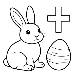 Tranh tô màu nghệ thuật đường nét cho trẻ nhỏ, chủ đề Phục sinh, với một chú thỏ hạnh phúc, những quả trứng Phục sinh lớn đơn giản và một cây thánh giá. Chi tiết tối thiểu, đường viền đậm, rất dễ tô màu.