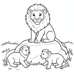 Một con sư tử mẹ ngồi trên tảng đá được bao quanh bởi những chú sư tử con của mình đang chơi đùa trên bãi cỏ. Đơn giản để tô màu cho trẻ em 