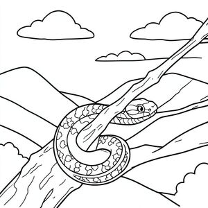 Một con rắn quấn quanh cành cây, những ngọn đồi và bầu trời trên nền